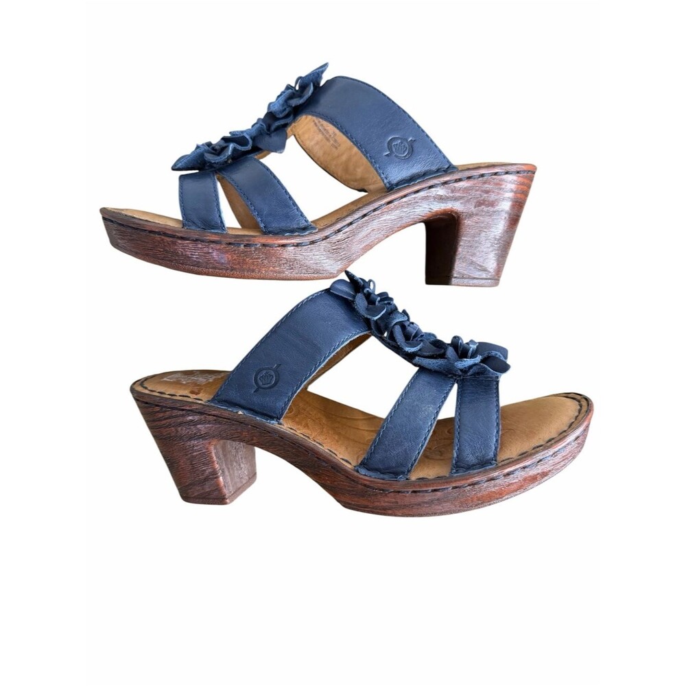 Born Zenia Leather Slip-On Heel Sandals Shoes size 7/38 Blue Floral Flower